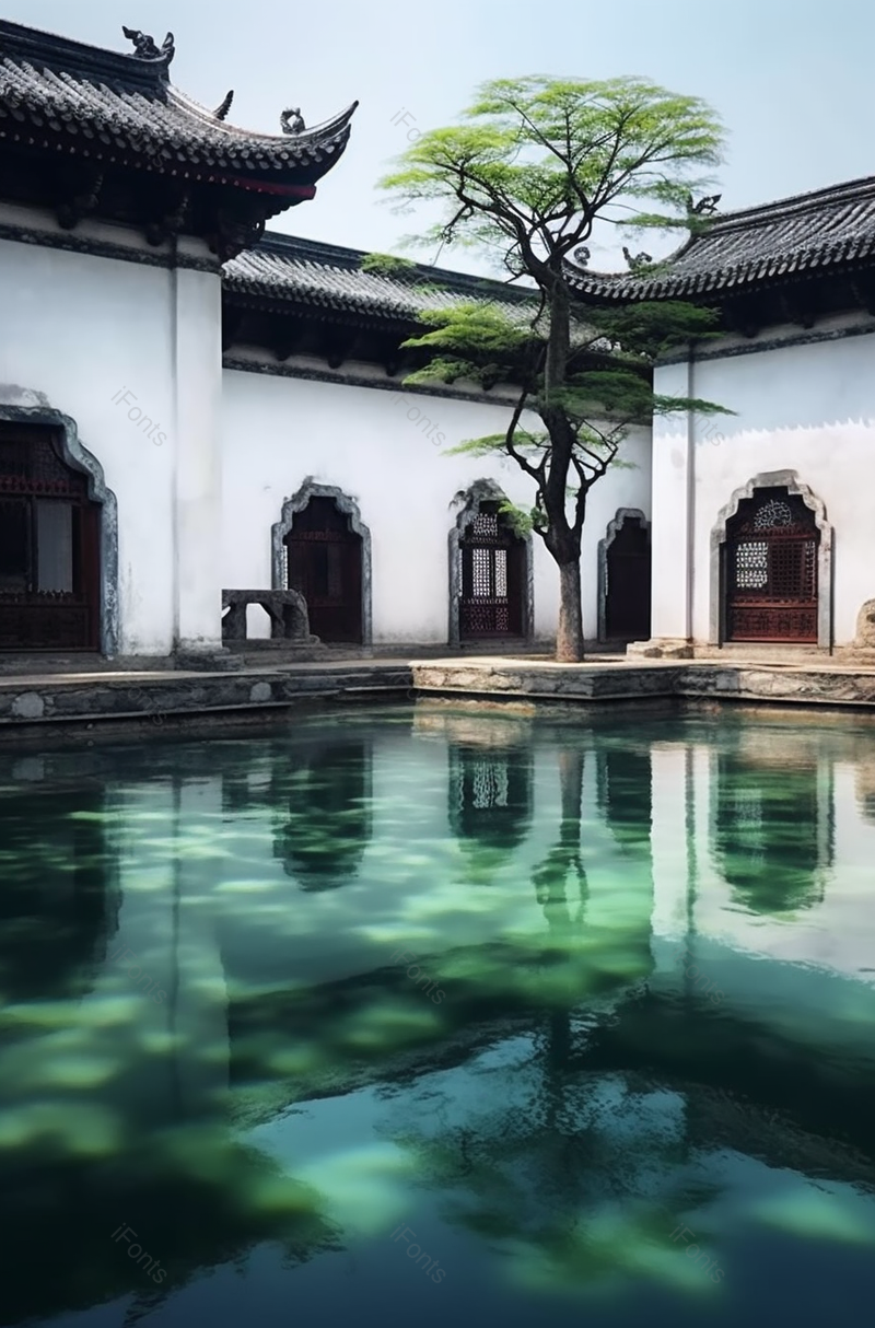 中国传统建筑房屋院子宁静的水池绿色的湖水清澈见底图像摄影,高清,摄影图,摄影图片,图片大全,摄影图免费下载